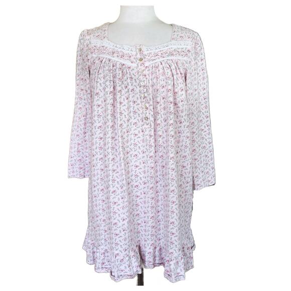 EILEEN WEST Pink Foral Rosebud  Short Nightgown Medium Cotton Long Sleeve - Picture 1 of 8